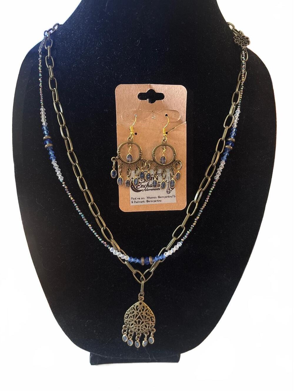 H029 Bronze/Gold blue Swarovski Crystal necklace & earrings